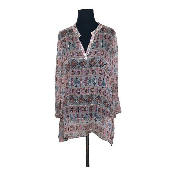 Language sheer print v neck 3/4 sleeves tunic blouse size Small - Picture 1 of 9